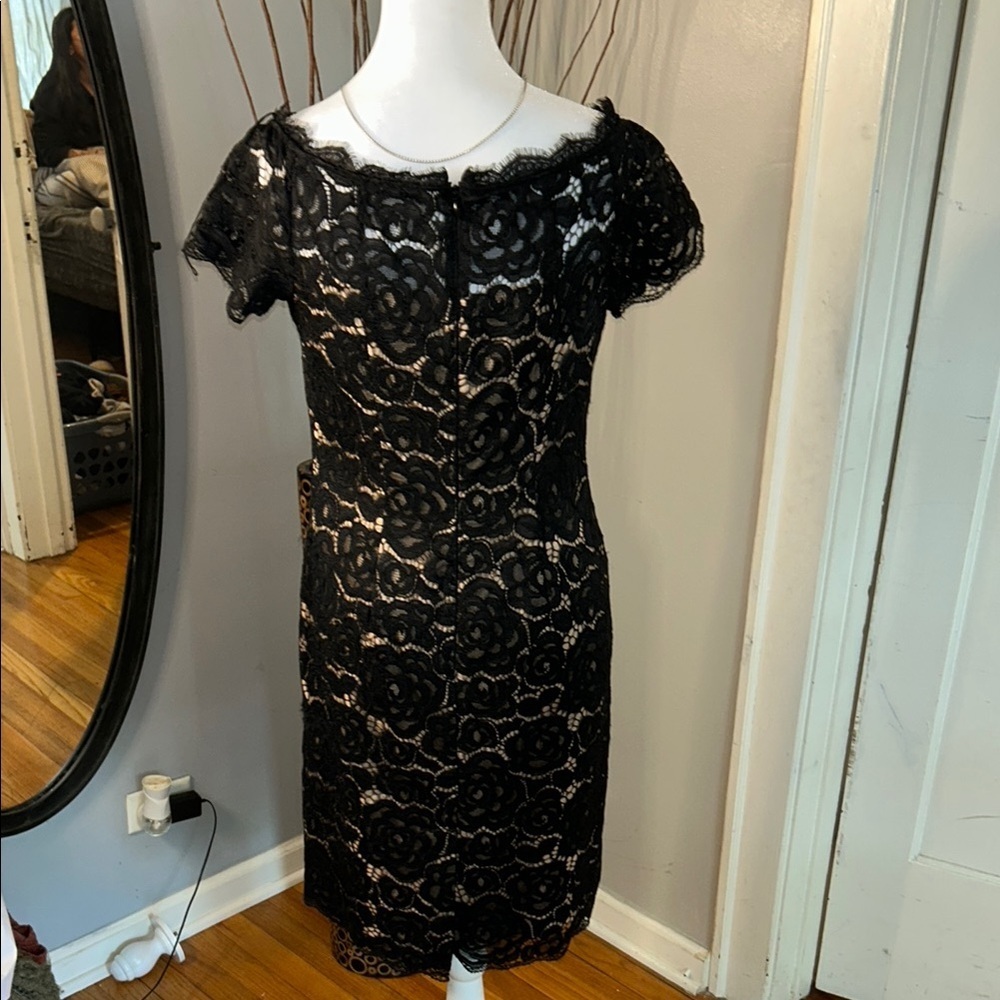 Adrianna Papell Black Tan Off-Shoulder Flutter Sleeve Mini Dress - Picture 7 of 11